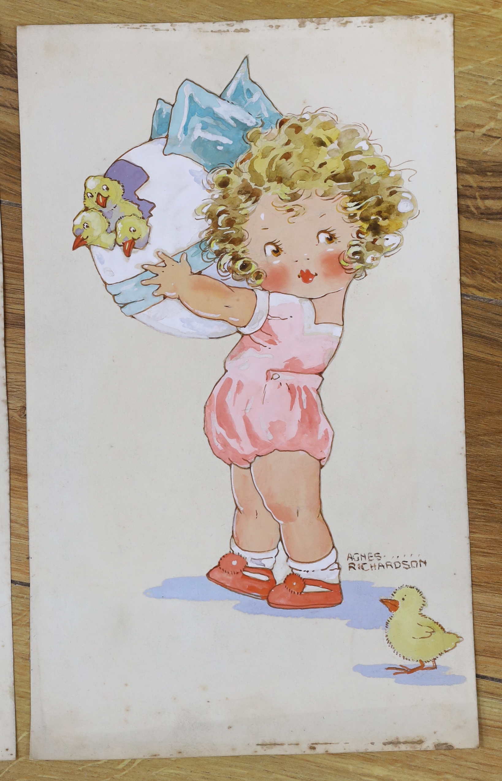 Agnes Richardson (1885-1951), three original watercolours for postcard designs, Humorous children with Easter chicks, each signed, unframed, 31 x 19cm